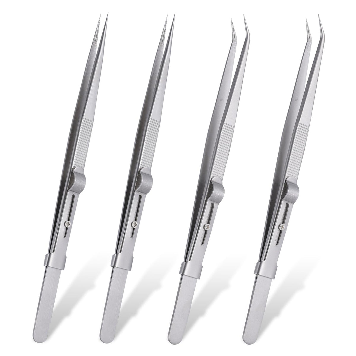 4 Pieces Diamond Tweezers Professional Jewelry Gem Tweezers Precision Tweezers Stainless Steel Pointed Tip Tweezers with Slide Locking and Gem Slot for jewelry making