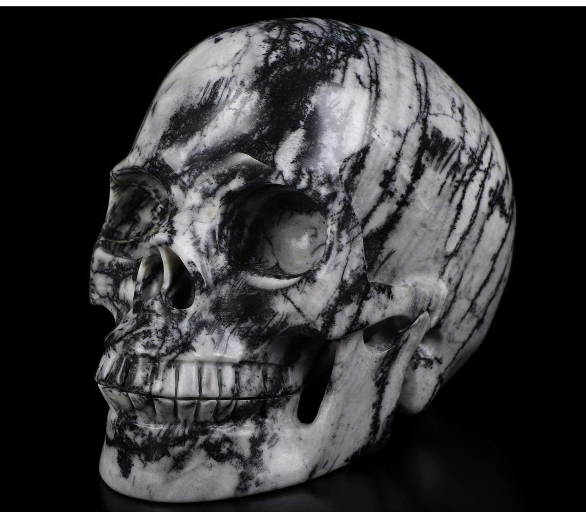 Skullis 5.0" Black Picasso Crystal Skull, Hand Carved Gemstone Fine Art Sculpture, Reiki Healing Stone Statue.