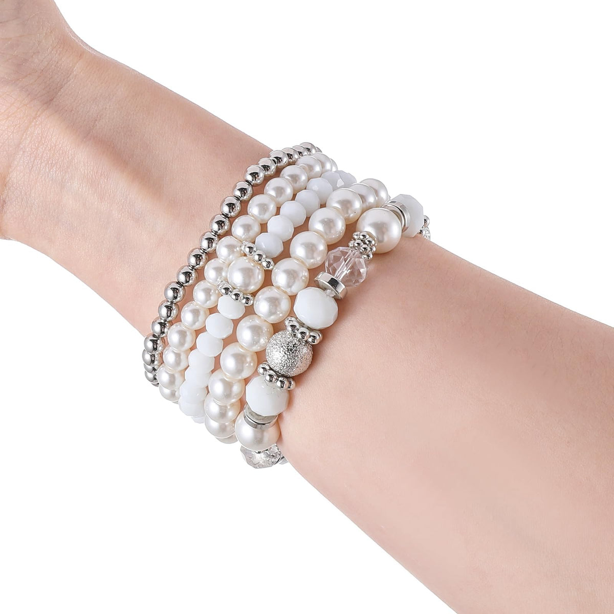 5 Pcs Beaded Stretch Bracelets White Stackable Bracelets Crystal Bead Bracelet Boho Beaded Bracelets Stretch Layering Crystal Stone Beaded Bracelets Trendy Costume Jewelry Gifts for Women