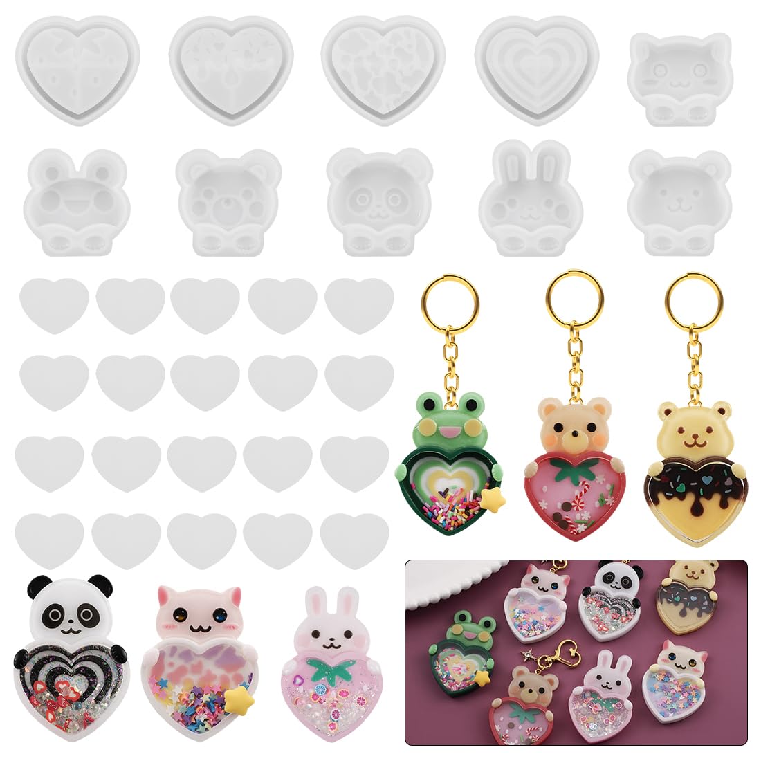 Voyyphixa 10 Pcs Heart Resin Shaker Molds with Animal Epoxy Resin Molds Set Silicone Quicksand Moulds with 20 Pcs Seal Film Silicone Casting Molds for Resin Jewelry Pendant, DIY Art Craft