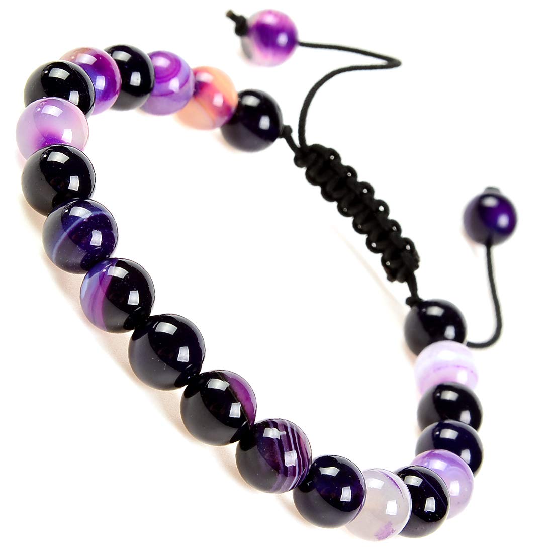 MASSIVE BEADS Natural Healing Power Gemstone Crystal Beads Unisex Adjustable Macrame Bracelets 8mm (Agate Purple, 8mm)