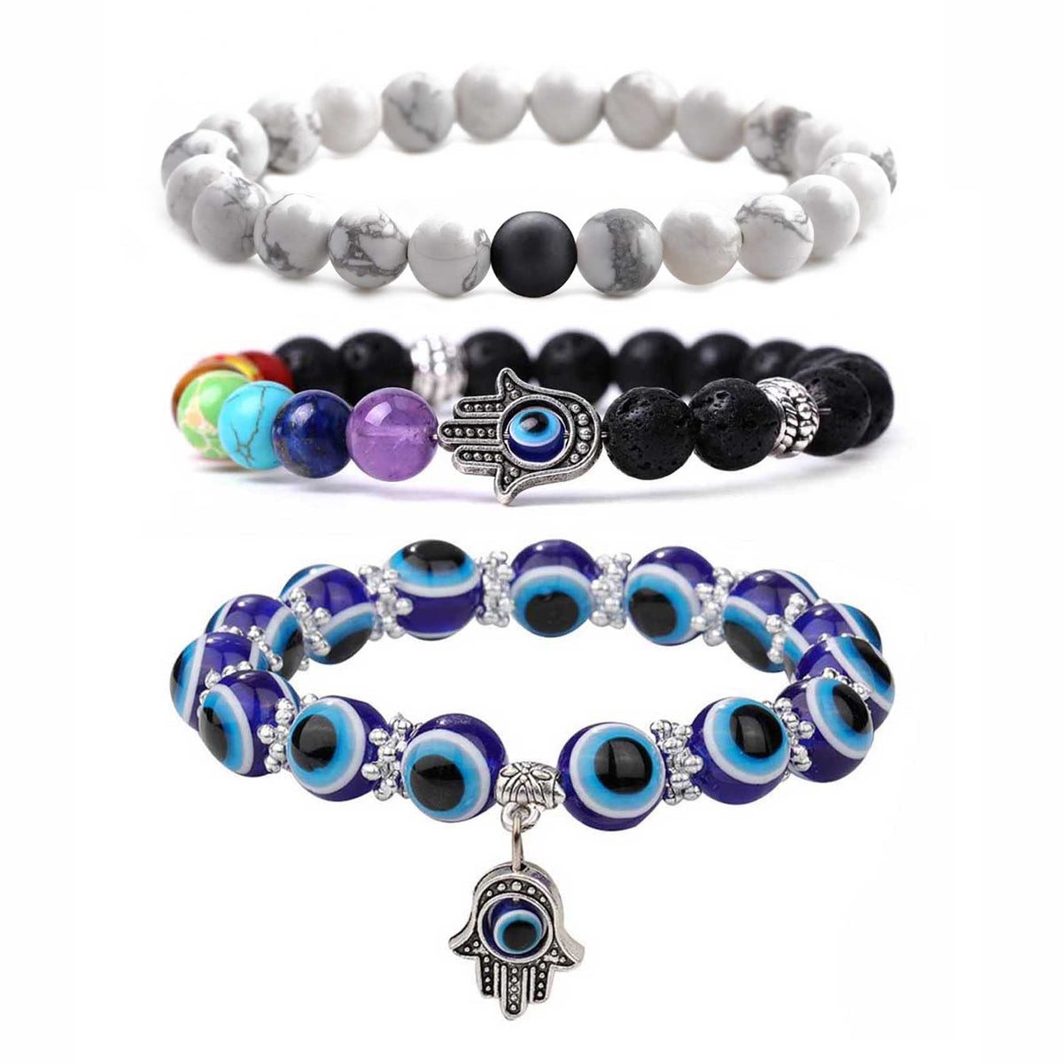 CJIAYUJEW 3pcs Evil Eye Bracelet Chakra Crystal Bracelets Set,Evil Eye Hamsa Blue Beaded Charm Stretch Bracelet for Blessing (White, Zinc Alloy)