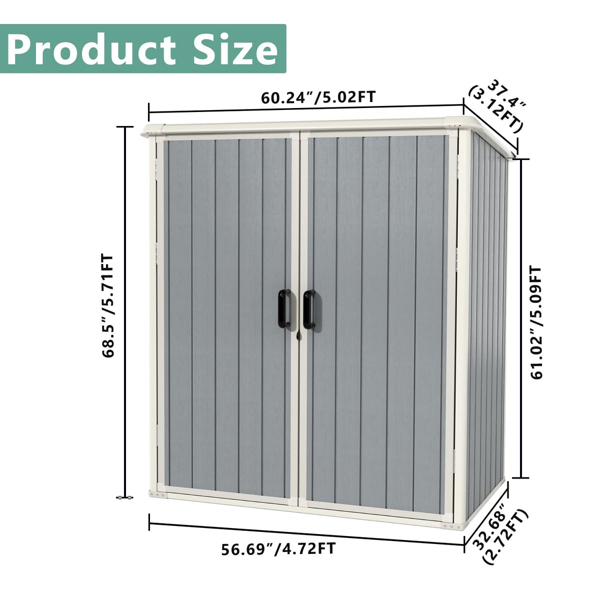 Aoxun Outdoor Storage Shed 5 x 3FT, Resin Shed with Floor and Lockable Door, Plastic Sheds for Garbage Can, Tool, Accessories, Lawn, Garden - Grey