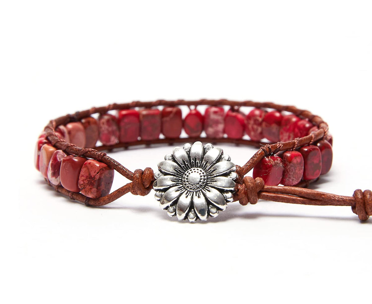 ZOSOJONA 7 Chakra Bracelet Bohemian Handmade Leather Wrap Healing Protection Natural Stone Yoga Beaded Bracelets Boho Friendship Jewelry (Red Turquoise)