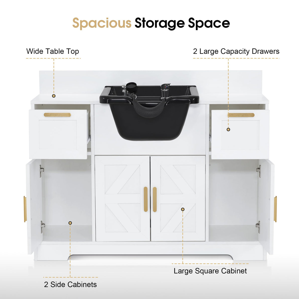 BarberPub Portable Shampoo Station, Shampoo Bowl with Cabinet & Drawer, Salon Geometric Finish Station with Sprayer Faucet, Barber Storage Equipment with Hair Wash Backwash Sink 3439 (White)