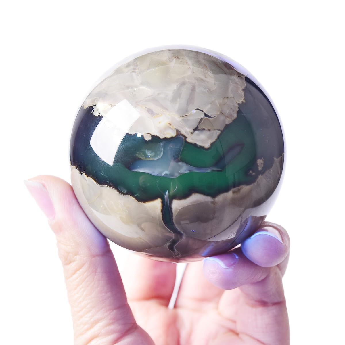 JIC Gem Volcanic Agate Crystal Sphere Large Quartz Crystal Ball with Stand Healing Ornament Witchcraft Meditation Decor 2.3-2.7 inch(60-70mm)