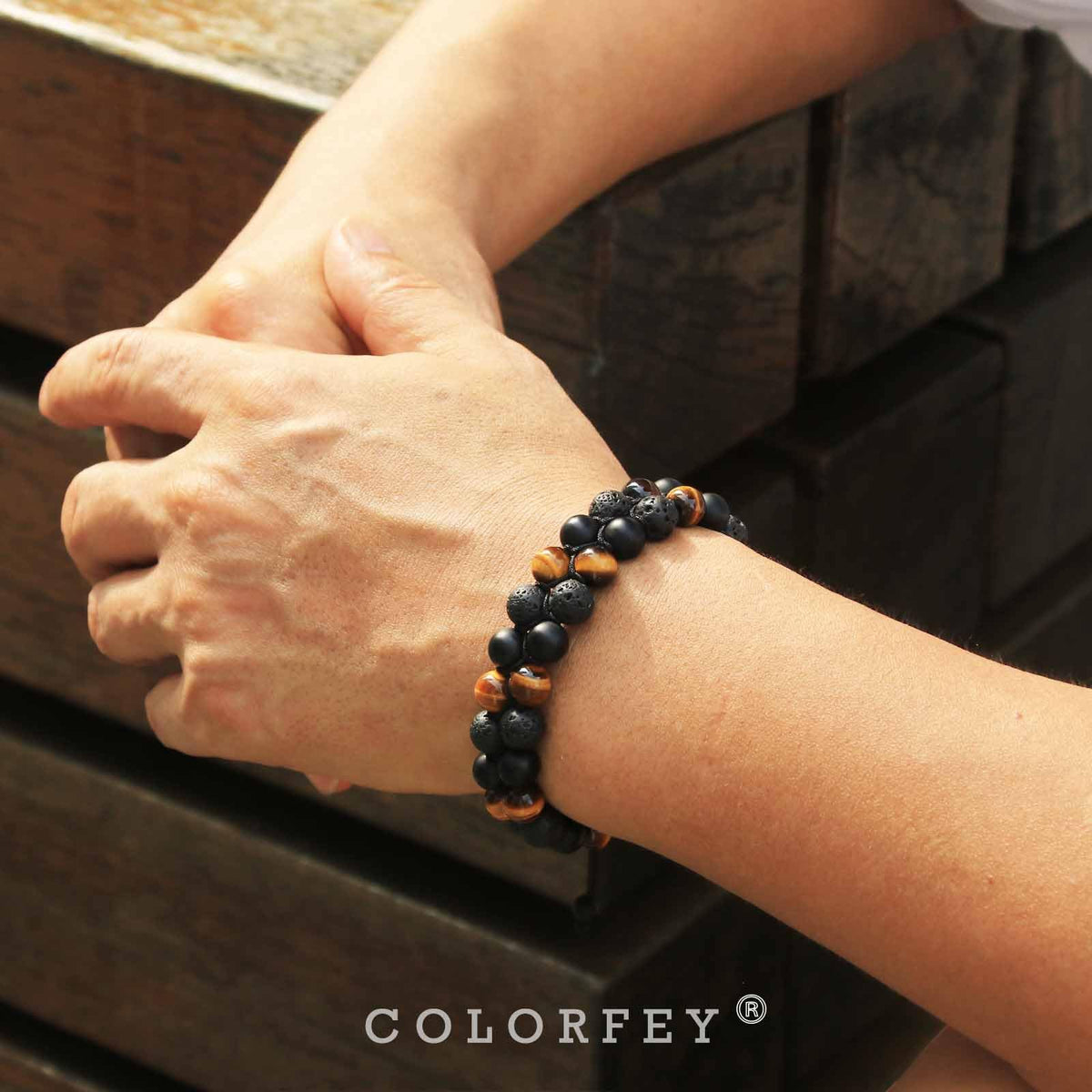 Triple Protection Bracelet for Men Women, COLORFEY Authentic Mens Bracelet Genuine Tiger Eye Black Onyx Lava Rock Crystal Bracelets, 8”Adjustable Beaded Bracelet for Men Grounding and Confidence