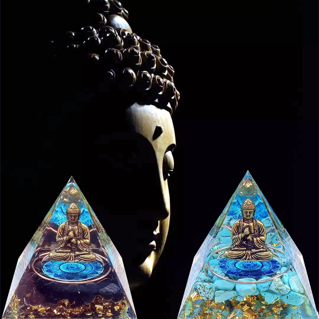 ycyingcheng Moonstone Crystal Orgone Pyramid, Turquoise Ogan Crystal Energy Tower, Bronze Statue Buddha Sculpture Crystal Pyramid for Home Decor (Crystal Pyramid-23)