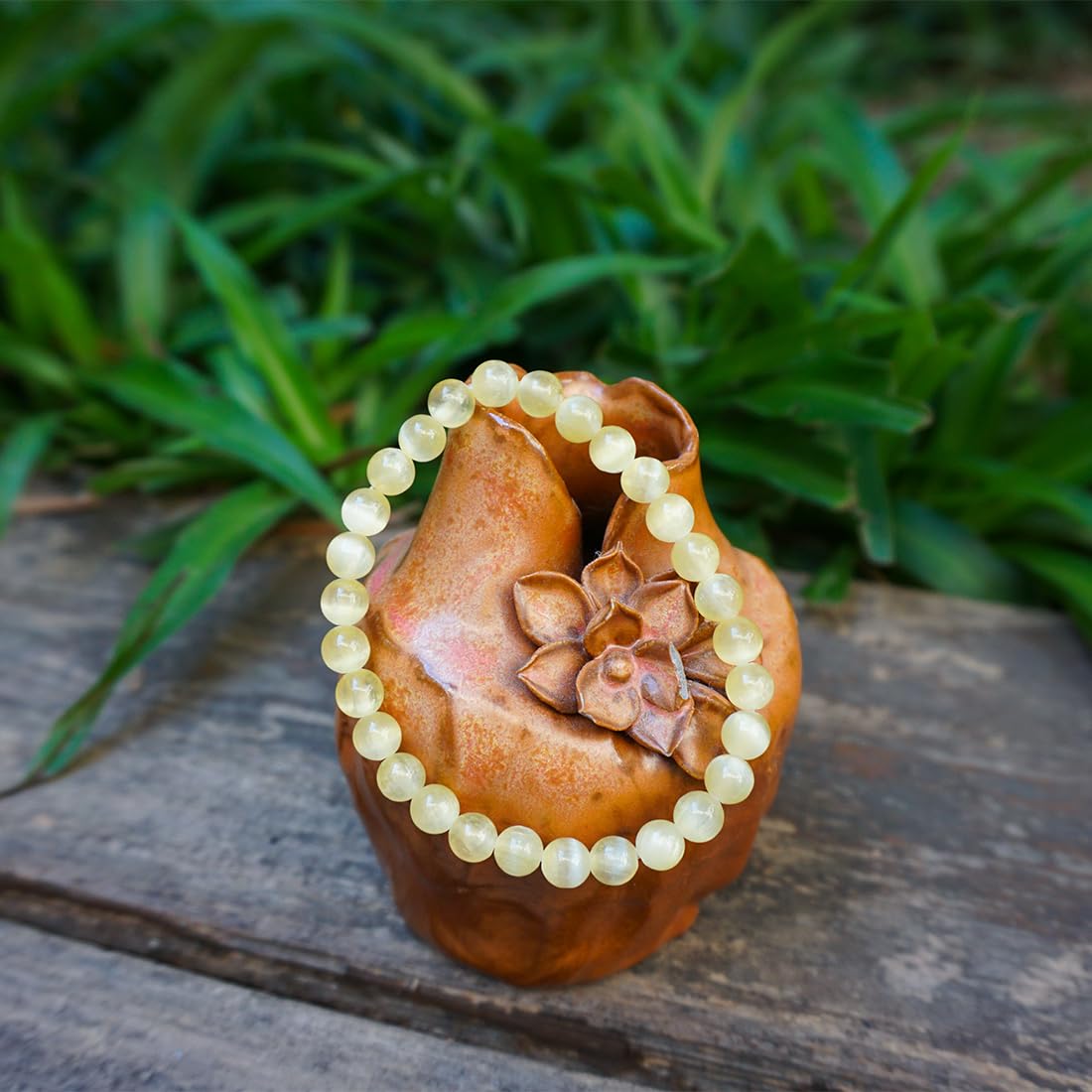 Natural Selenite Crystal Bracelet 6mm | Yellow Plated | Authentic Stone with Leather Pouch, Gift Box & Repair Kit | Fits 6.5-7 inch Wrist