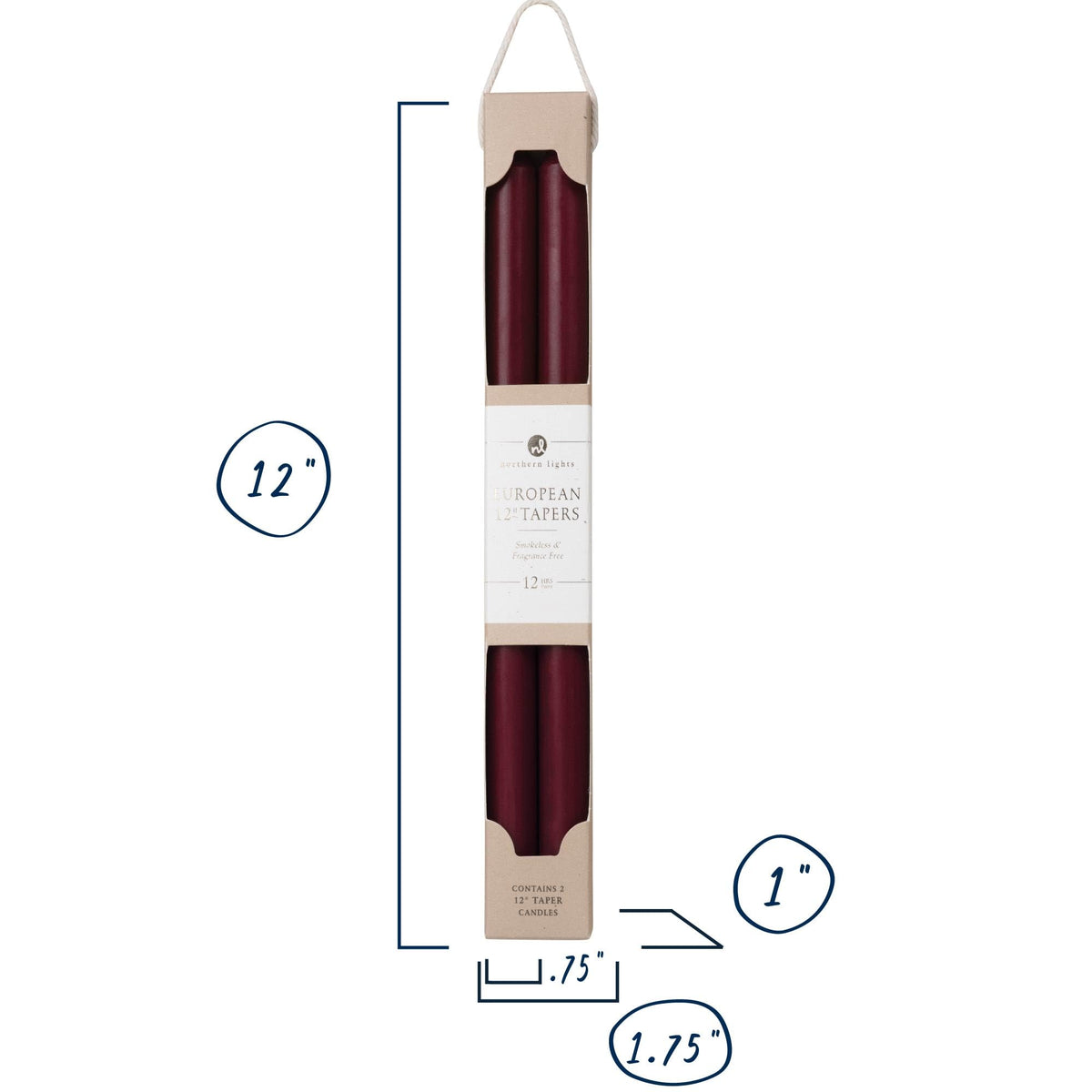 Northern Lights Candles - 12" 2PK Premium Tapers, Bordeaux - 72884