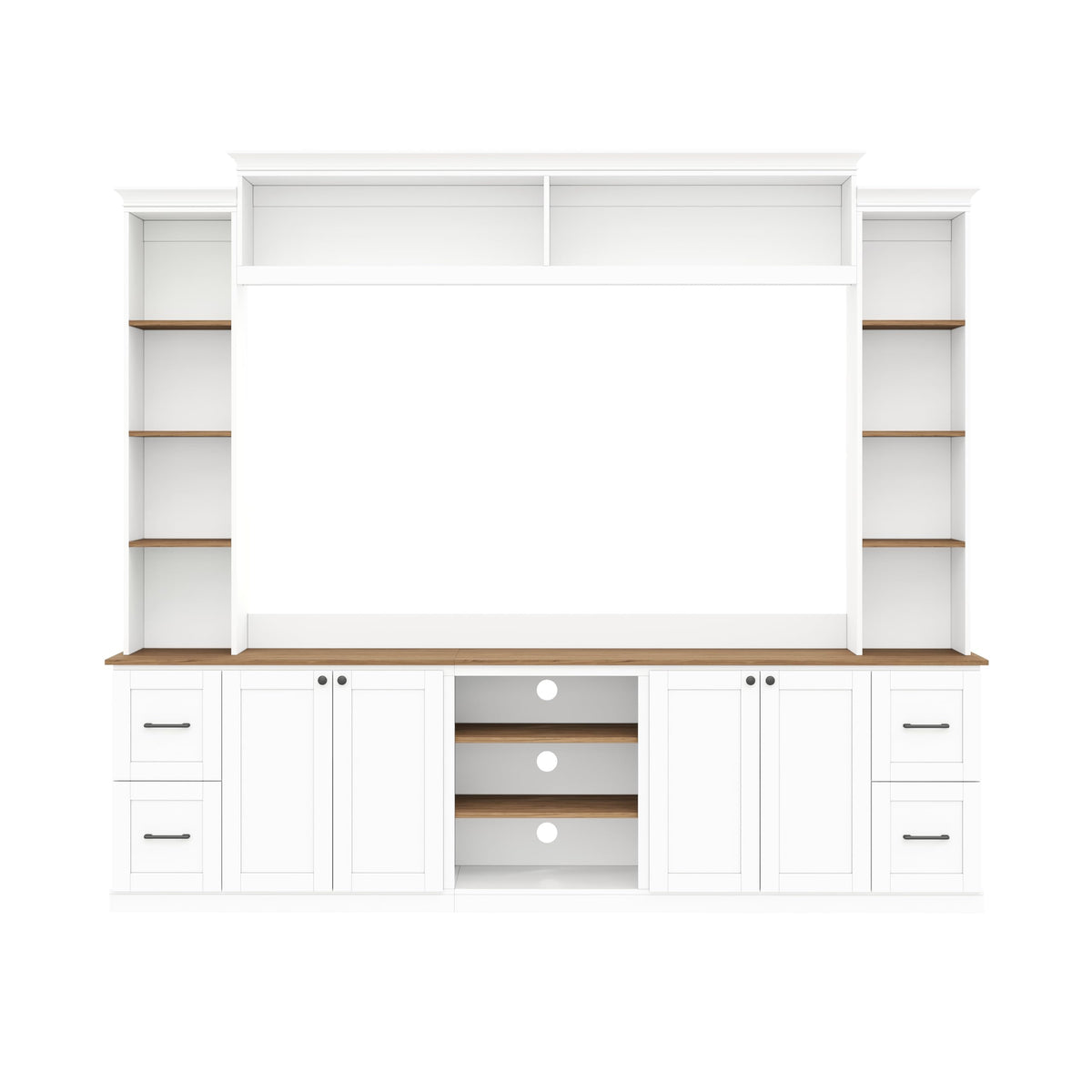 Ball & Cast 94.8" Entertainment Center Wall Unit with Bookshelf for TVs Up to 70",Farmhouse Large TV Stand with Walnut Adjustable Shelves,Retro Media Console with 4 Drawers for Living Room,White