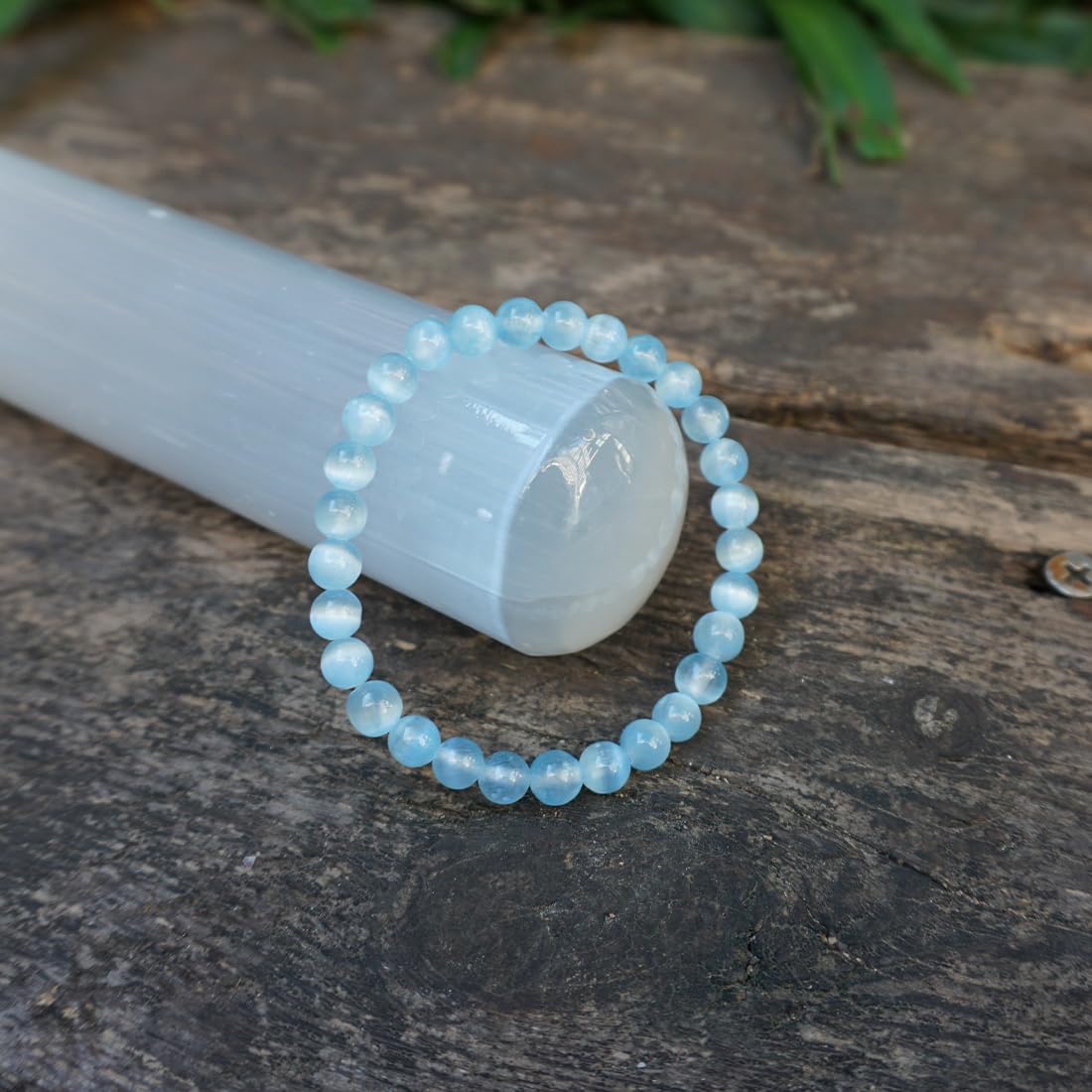 Natural Selenite Bracelet 6mm | Aqua Blue | Crown Chakra Crystal with Cat-eye Effect | Handmade Meditation Healing Bracelet for Women Men | Beading Tool Kit - Fits for 6-7 inch Wrist Size