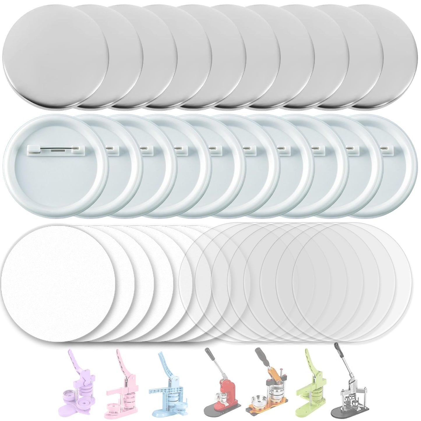 PPTTOODD 100 Sets 58mm / 2.25 in (Approx. 2-1/4 inch) Button Making Supplies for Your Round Button Maker Machine, Including Metal Covers, Plastic Back Covers, Clear Plastic Film & Blank Paper