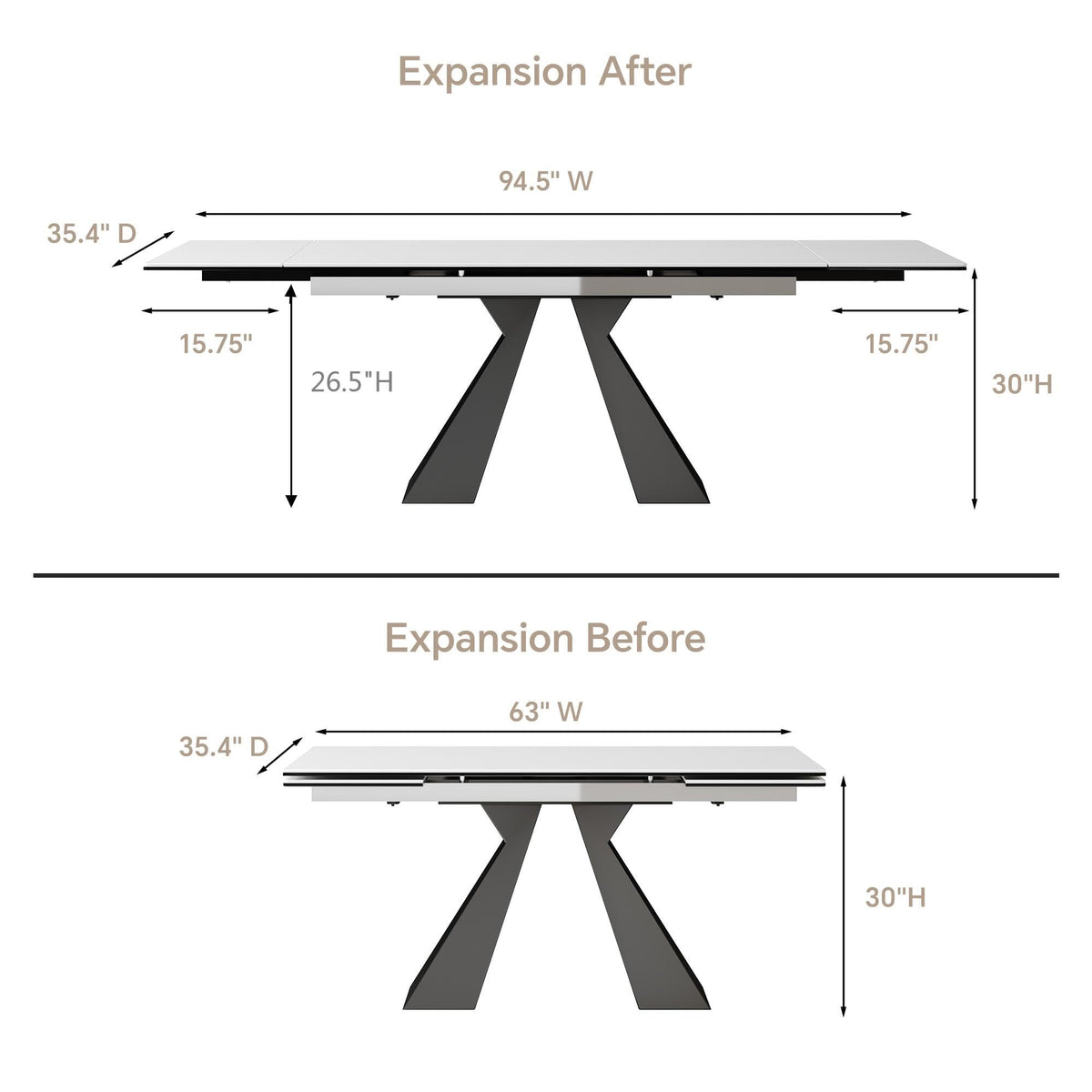 TimesGate Extendable Dining Table for 8-12 Seat, Flexible Stretch, Tabletop Made from Rock Plate and Tempered Glass, Solid Carbon Steel Base, 35.4" D x 94.5" W x 30" H, White Top