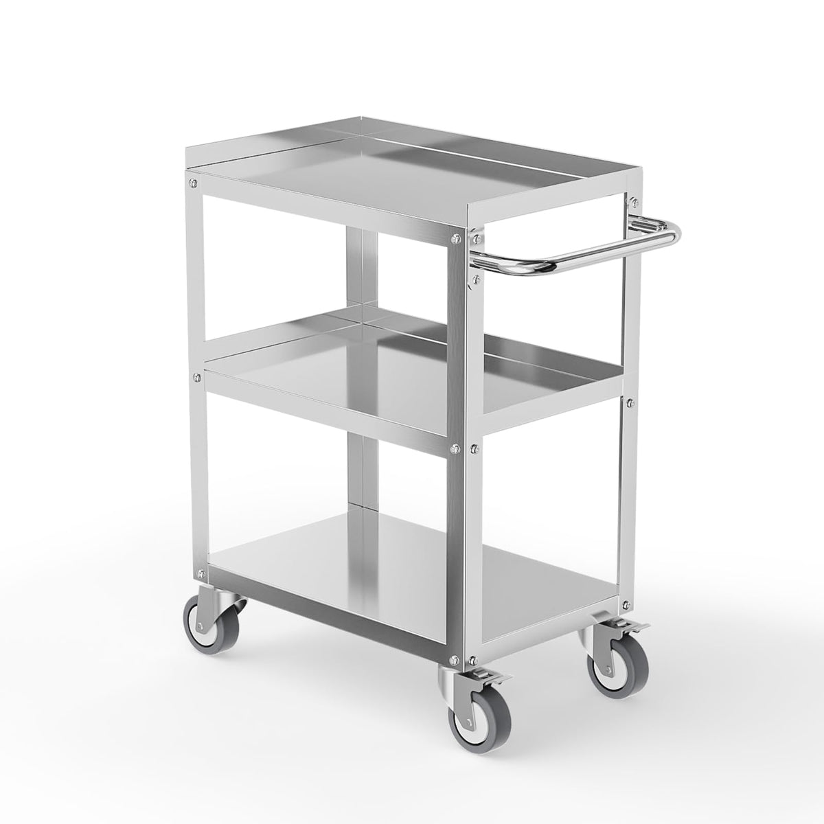LEADZM 15"L x 24"W x 33"H Utility Rolling Cart on Wheels With Braker, 3-Tier Heavy Duty Commercial Storage Tool Serving Cart With Handle, Stainless Steel for Kitchen Home & Business, Silver