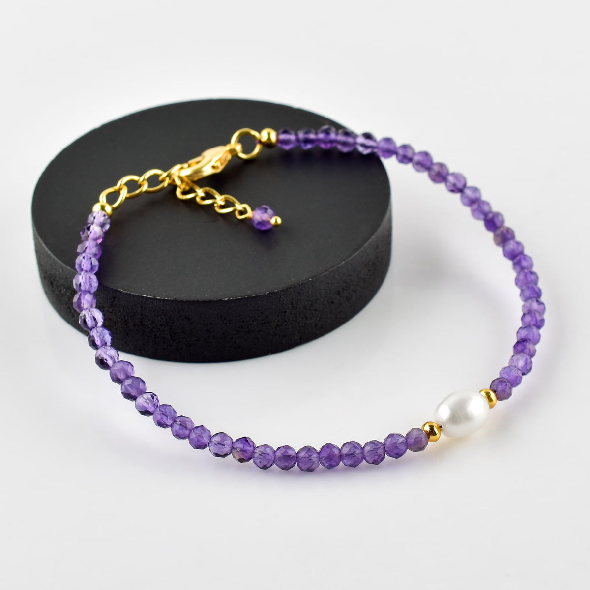 InfinityGemsArt Amethyst Bracelets For Women, February Birthstone Natural Purple Stone, Chakra Healing Crystal Freshwater Pearl Beaded Minimalist Lightweight Everyday Wear Jewelry, Gold Plated Chain 8 Inch