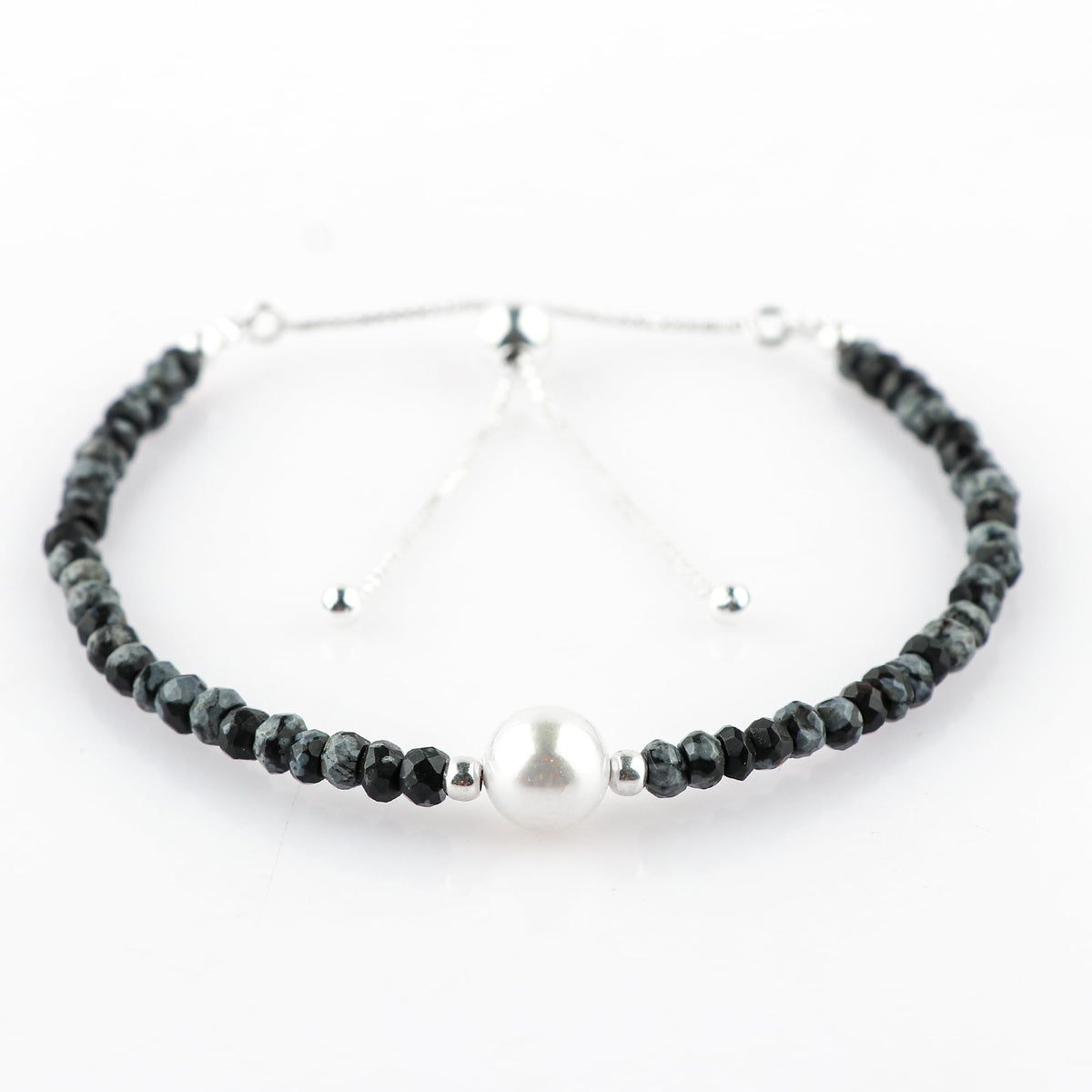 CRYSTALINES Natural Snowflake Obsidian Gemstones Bolo Bracelet | Cultured Pearl Beads | Handmade Beaded Jewelry | Adjustable Silver Chain | Healing Crystal | Gift for Women | 10inch