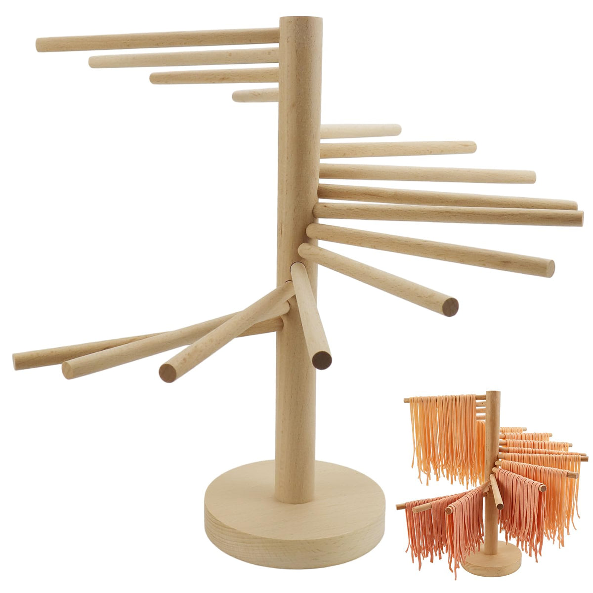 Pasta Drying Rack 16 Arms–12.9" Wooden Noodle Drying Stand with 6" Hanging Bars for Fresh Spaghetti Fettuccine Homemade Pasta