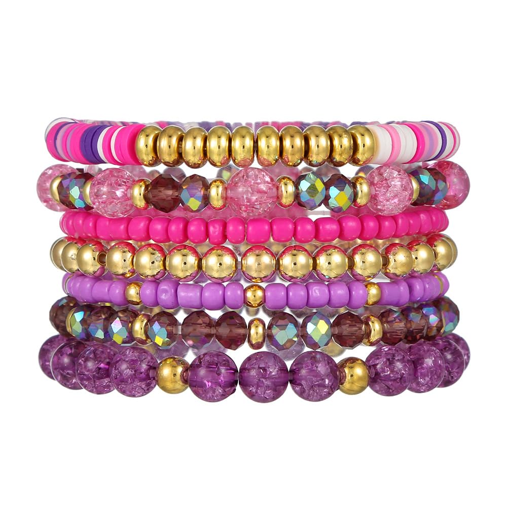 YEOSMINE Boho Heishi Clay Beaded Stretch Bracelets Stack For Women, Preppy Teens Friendship Gold Bracelets Cute Beach Surfer Accessories Bulk Set Trendy Fashion Jewelry