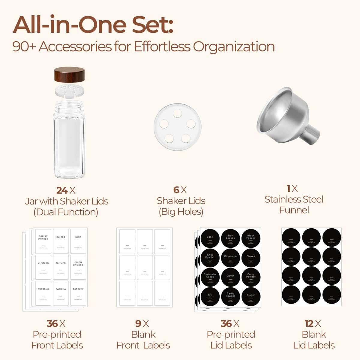 ComSaf 24Pcs (4Oz) Glass Spice Jars with Label, Airtight Seasoning Containers with Lid for Home Cooks to Organizing Herbs, Sugar, Pepper, Salt, Glass Spice Bottles Organize Cabinet & Drawer