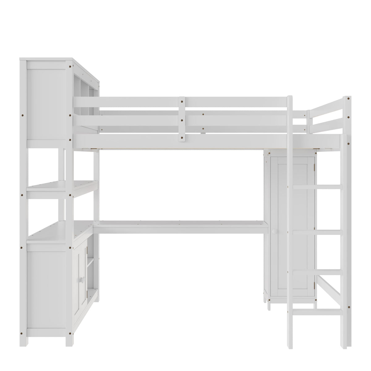 Bellemave Solid Wood Queen Size Loft Bed with Desk and Wardrobe,Loft Bed Frame with Storage Shelves and Bookcase for Kids,Teens,Adults,Queen Size,Space Saving,White