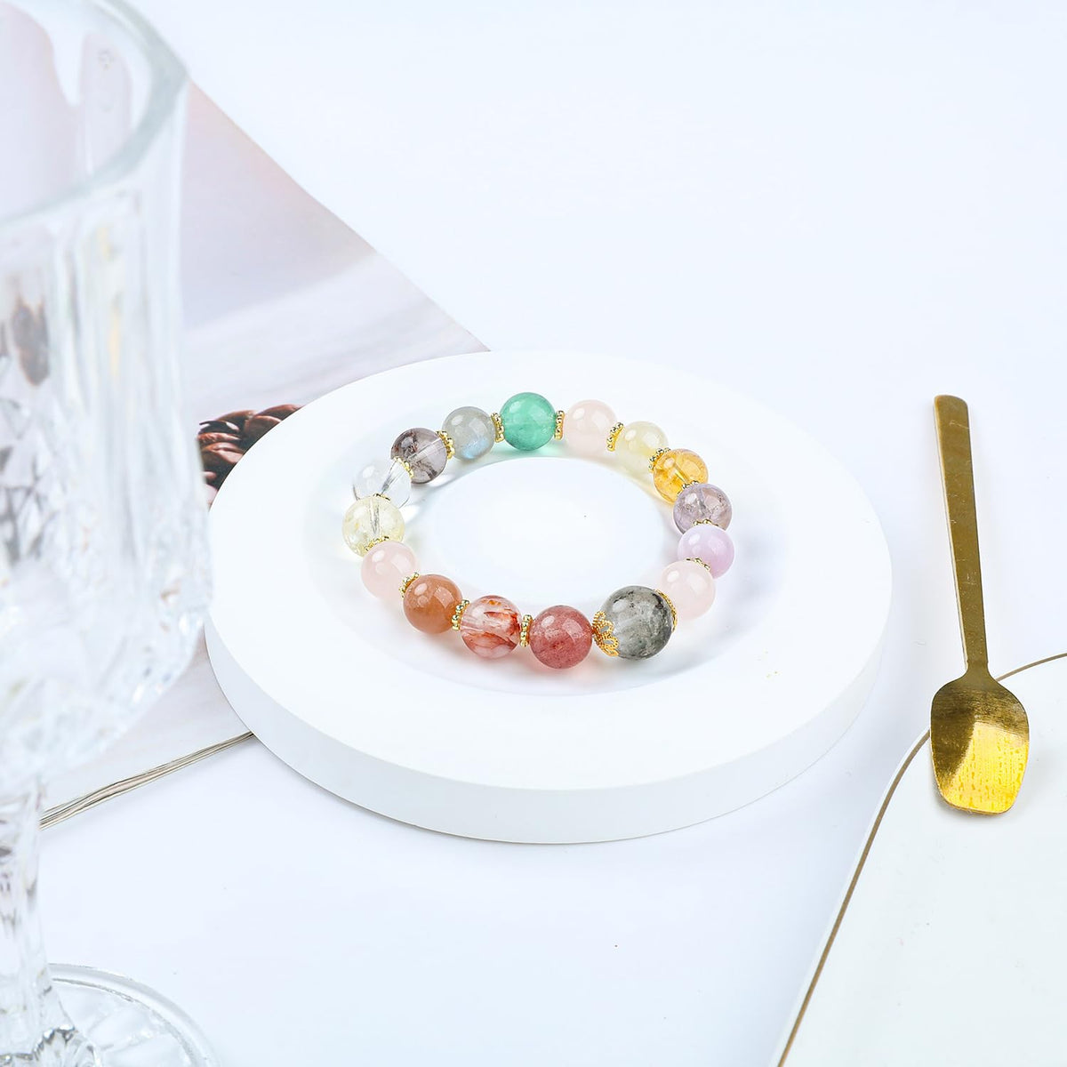 Moslovstar Multi-Gemstone Crystal Healing Bracelet, Colorful Beaded Stretch Bracelets for Women 10 mm Round Meditation Healing Jewlery Gifts