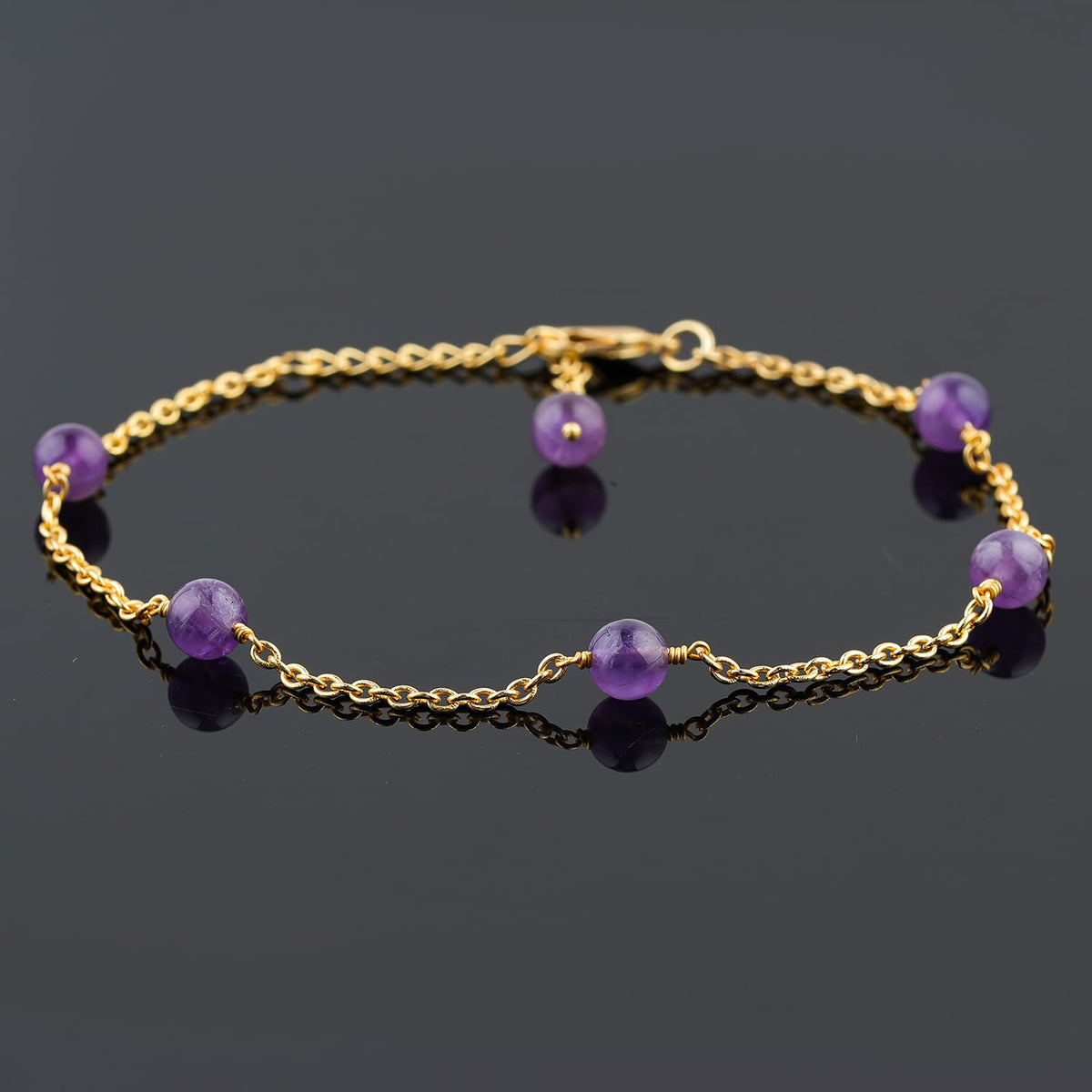 Jewel of Rocks Amethyst Beaded Anklet Bracelet, Handmade Craft, Beads, Chakra Healing, Gemstone Women Jewelry, Hypoallergenic Gold Plated Brass 9 inch + 1.5 inch (1pcs)