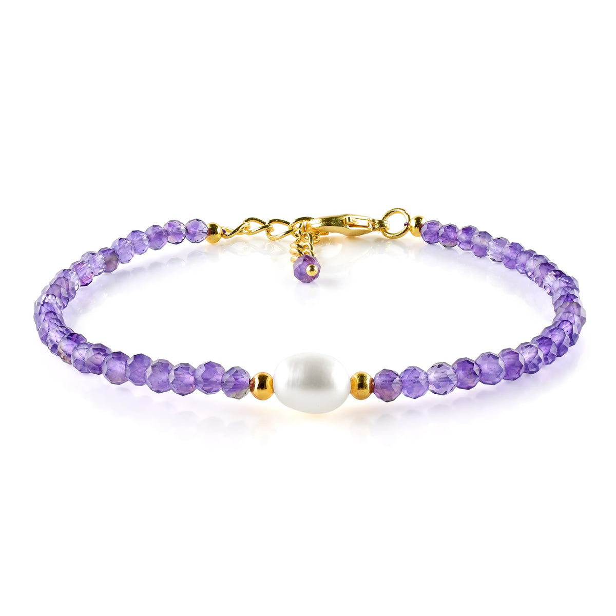 InfinityGemsArt Amethyst Bracelets For Women, February Birthstone Natural Purple Stone, Chakra Healing Crystal Freshwater Pearl Beaded Minimalist Lightweight Everyday Wear Jewelry, Gold Plated Chain 8 Inch