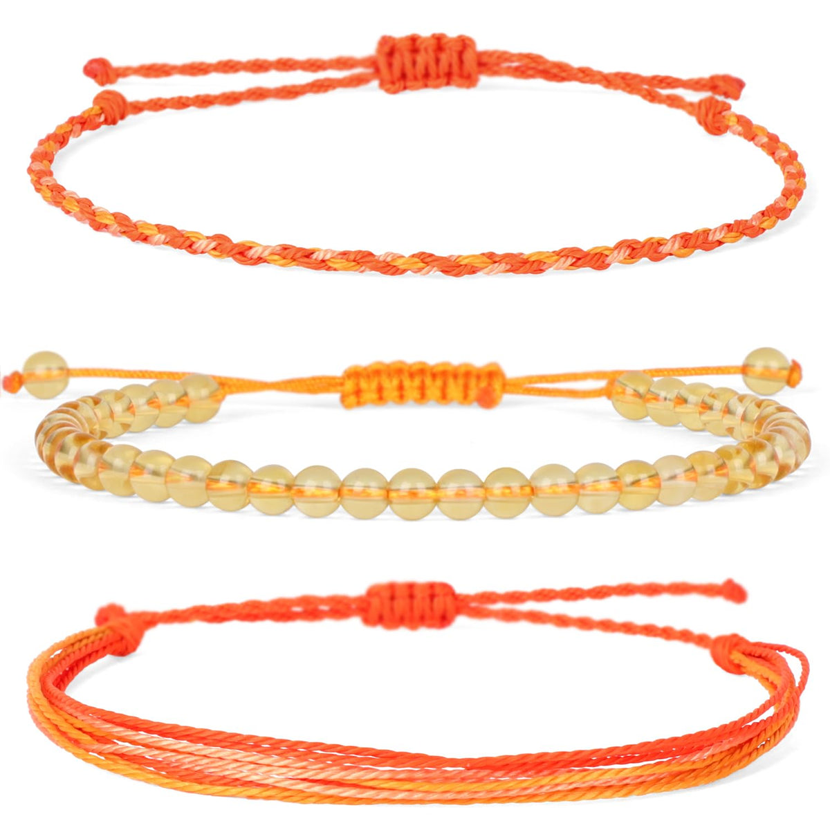 QOGIR Handmade Healing Bracelets,4mm Natural Citrine Gem Stone Beads Bracelet for Men Women Gifts with 2PCS Size Adjustable Rope Bracelets