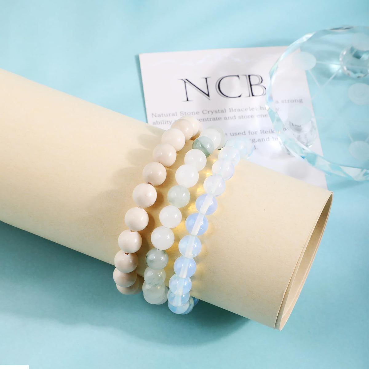 NCB 3-Piece 8mm Natural Crystal Gemstone Stretch Bracelets – ﻿Opalite, Tianshan Jade, White Fossil Jasper Handmade Reiki Energy Healing Jewelry for Meditation,Yoga, Unisex