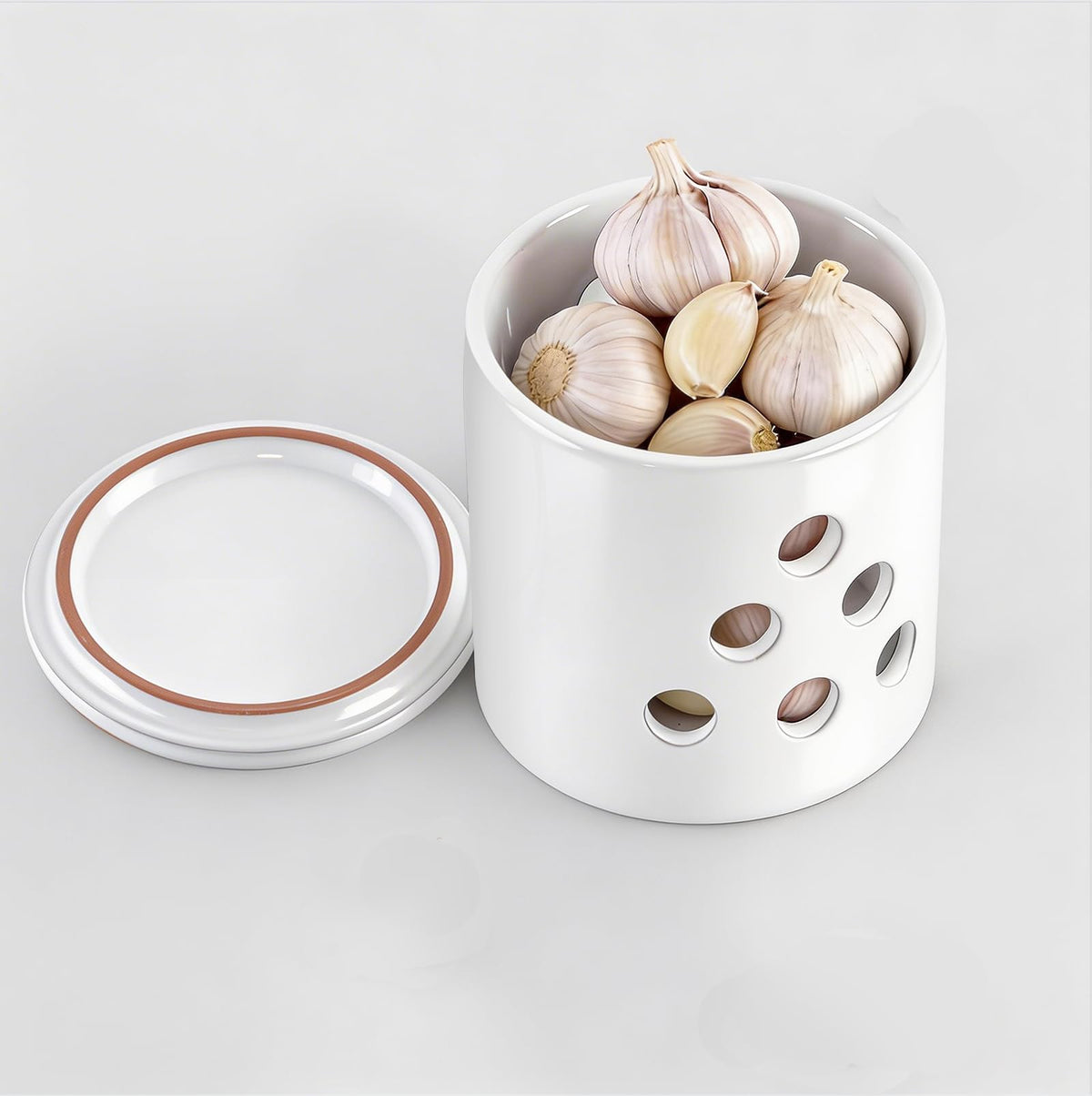 LEEPENK Garlic Keeper,Vented Clay Garlic Storage Container Saver with Lid and 12 Air Vent,Reserve for Garlic, Onion, Lemon, Patato or Ginger (White Glazed)
