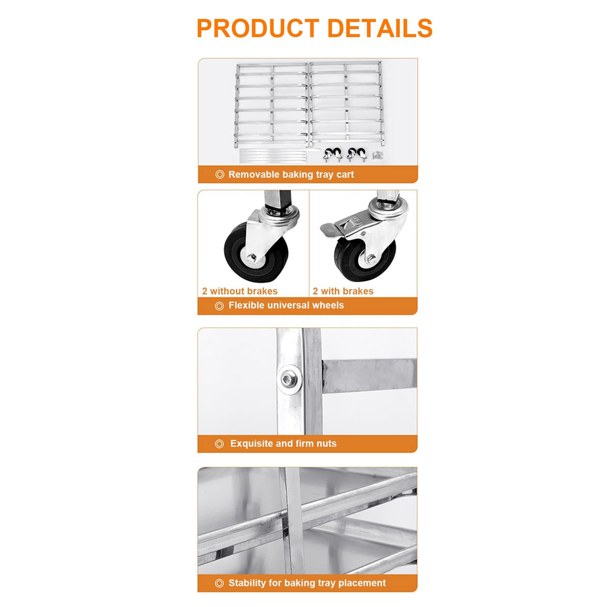FUDUOSHUNYI Commercial Bakery Rack Stainless Steel Bun Pan Sheet Rack with Brake Casters, Kitchen Restaurant Cafeteria Bakers Rack Heavy Duty Dough Pizza Baking Tray Racks Storage Cooling Rack