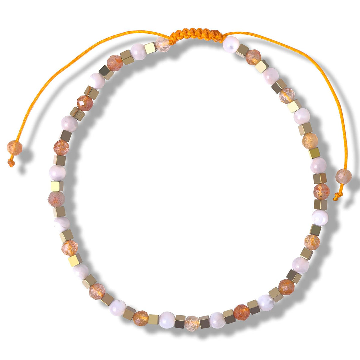 BEADSENER Sunstone Feldspar Adjustable Charming Bracelet for Women, 3mm Natural Shell Gemstone Hematite Stone Beads, Pull String Slider Metal Free Design Waterproof, Gift for Her Daily Wear