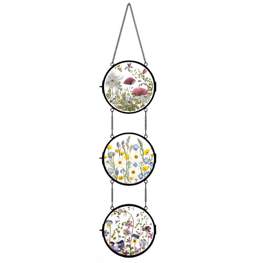 FOCHIER F Linked Round Pressed Flower Frame with Chain, Brass Double Glass Floating Picture Frame for Dried Flowers, Botanical DIY Display, Dynamic Hanging Wall Decor, Aesthetic Gift for Women