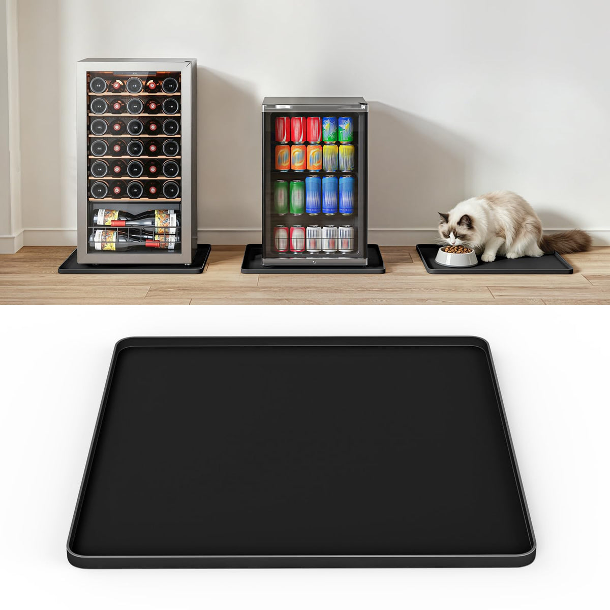 NAMTSO Mini Fridge Mat Silicone Tray - 19.7"x19.7" Cat Food Mat with Raised Edges, Soft Non-Slip Rubber Mat, Waterproof Counter and Floor Protector for Coffee Maker, Humidifier, Ice Maker, Black