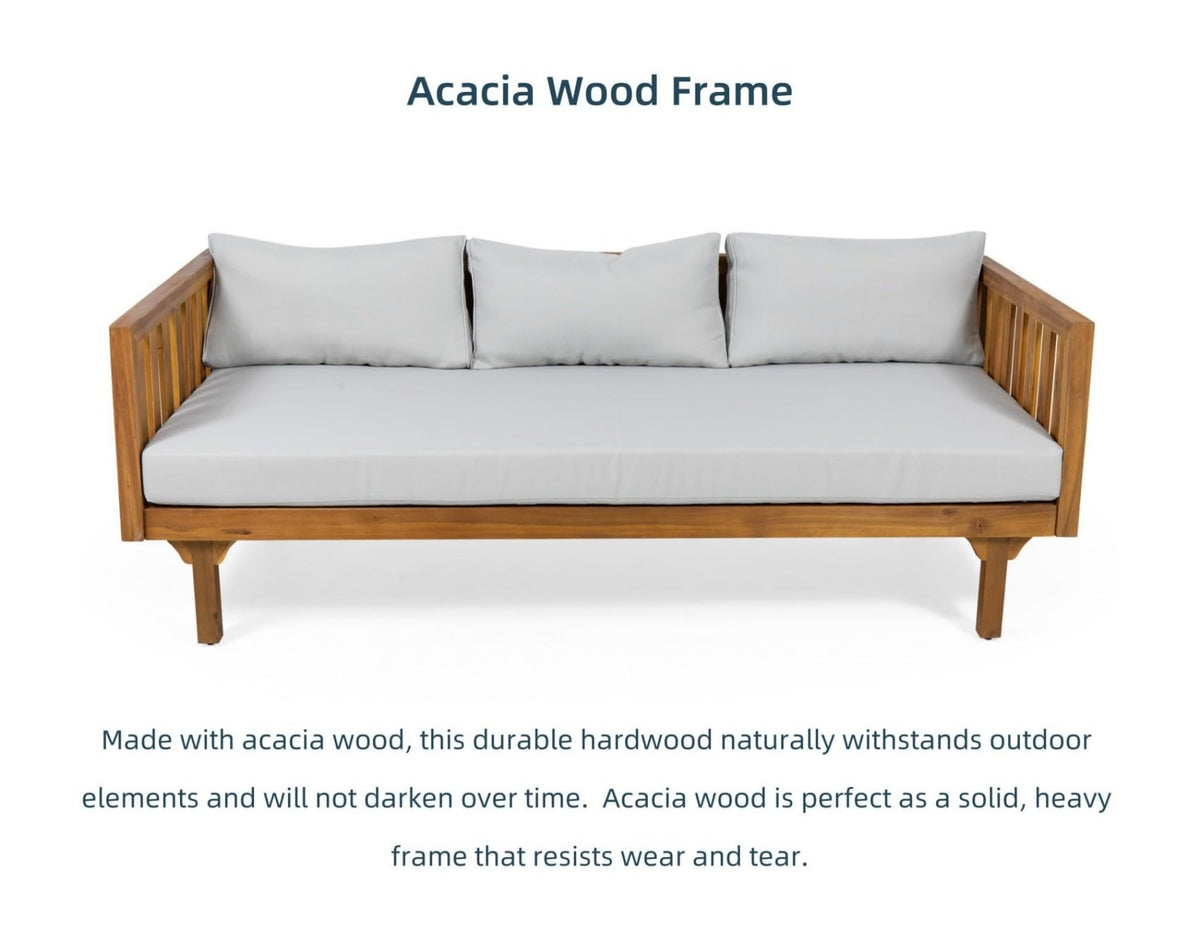 Merax Solid Acacia Wood Couch Chaise Lounge Chair Indoor, 3 Seater Daybed Sofa Couches with Cushions & Pillow, Heavy Frame Day Bed for Living Room, Office, Outdoor, Balcony, Patio, Water Resistant