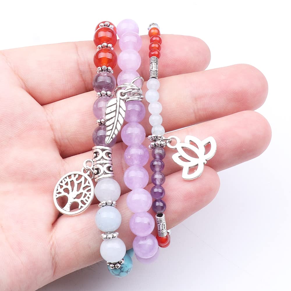 UEUC Natural Gemstone Chakra Bracelets for Women, Multilayer Tree of Life Lotus Crystal Healing Stone Bracelet Sets, Yoga Meditation Reiki Relax Bracelets for Stress Relief(#124)