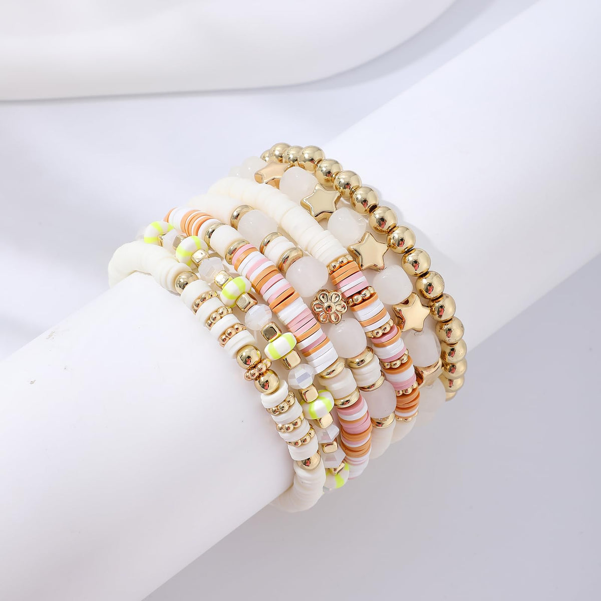 GOOJIDS Surfer Heishi Clay Bead Bracelets for Women Bohemian Stackable Gold Plated Beaded Stretch Bracelets Elastic Layering Friendship Bracelets Set Boho Jewelry
