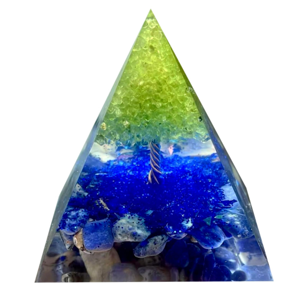 Saefheled Tree of Life Orgone Pyramid,Natural Blue Veins Stone&Peridot Orgonite Healing Crystals Pyramid,Crystal Stone Positive Reiki Energy Generator Collection Wealth Lucky Meditation Tool(6cm)