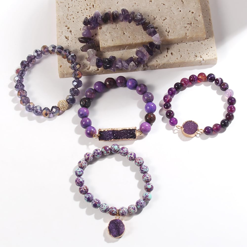 Yomisa 5PCS Natural Boho Beaded Bracelets for Women Men,Healing Turquoise Jasper Agate Crystal Gemstone Stone Diamond Chakra Multilayer Wrap Bohemian Handmade Jewelry Beads Stretch Bracelet Set