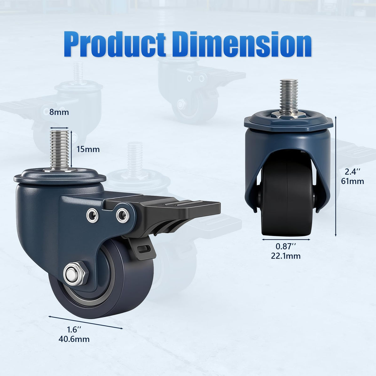 1.6 Inch Blue Polyurethane Caster Wheels, Metric M8-1.25 Threaded Stem (Screw Diameter 8mm, Length:15mm), Heavy Duty Casters Set of 4 with Locking Brakes, 450 lb Capacity for Furniture, Carts