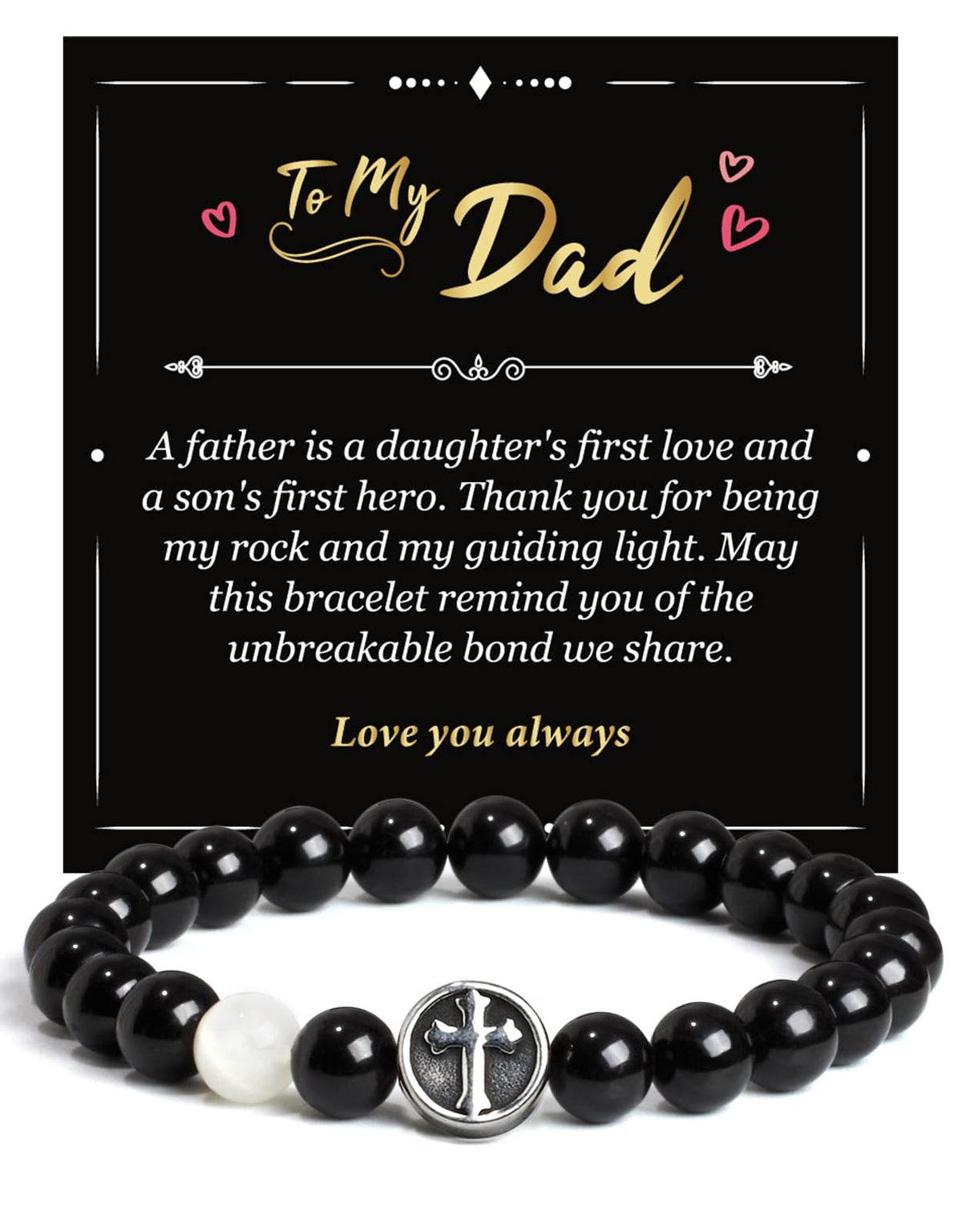 Landorilo Gifts for Men, 8mm Cross Natural Stone Beaded Bracelets, Black Tourmaline Healing Bracelet, Handmade Mens Jewelry Gift for Him, Husband, Son, Father, Friend(Happy Birthday-7.5in)