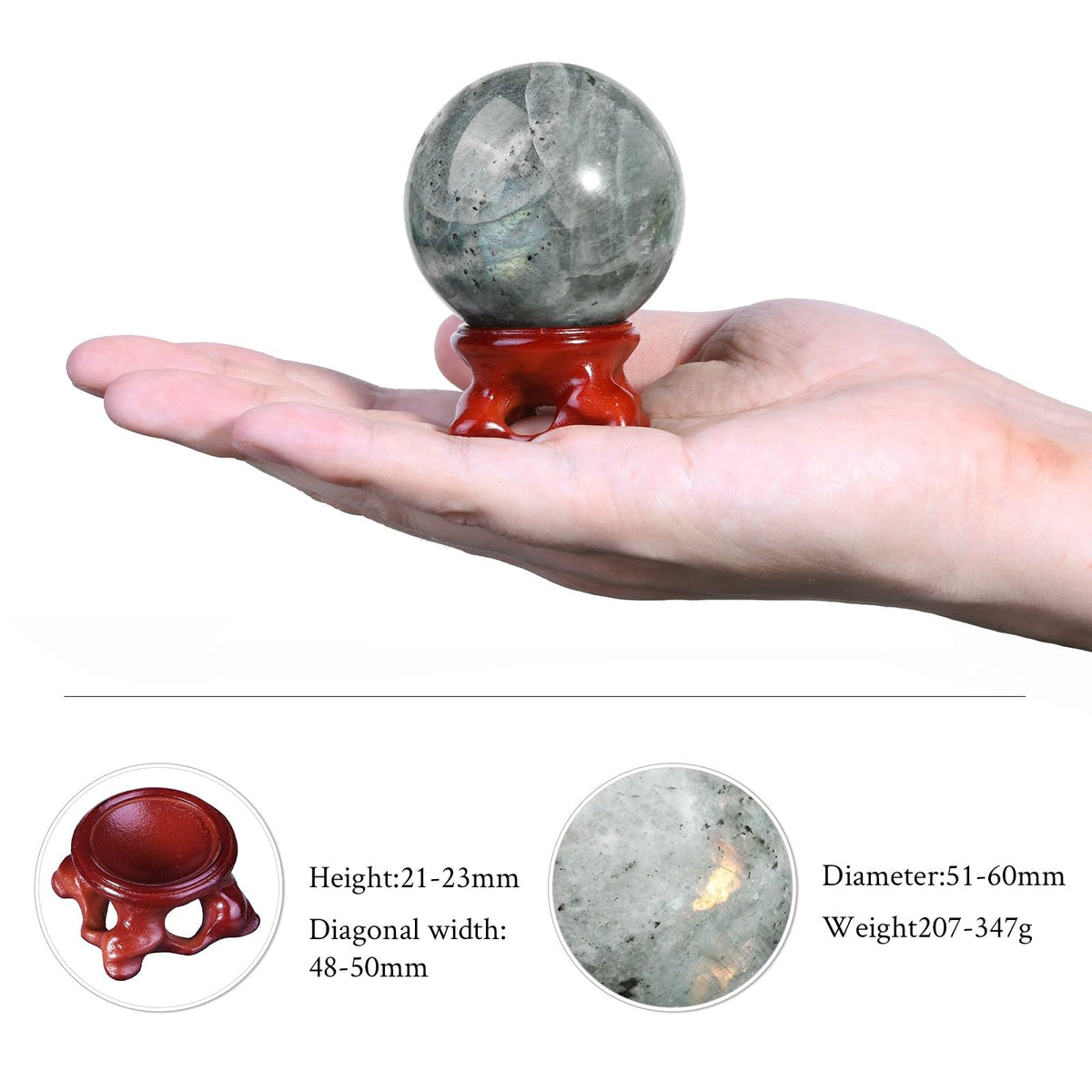 TUMBEELLUWA Labradorite Crystal Ball with Stand for Fortune Teller Witchcraft Divination, Decorative Gemstone Sphere for Home Decor, 51-60 mm