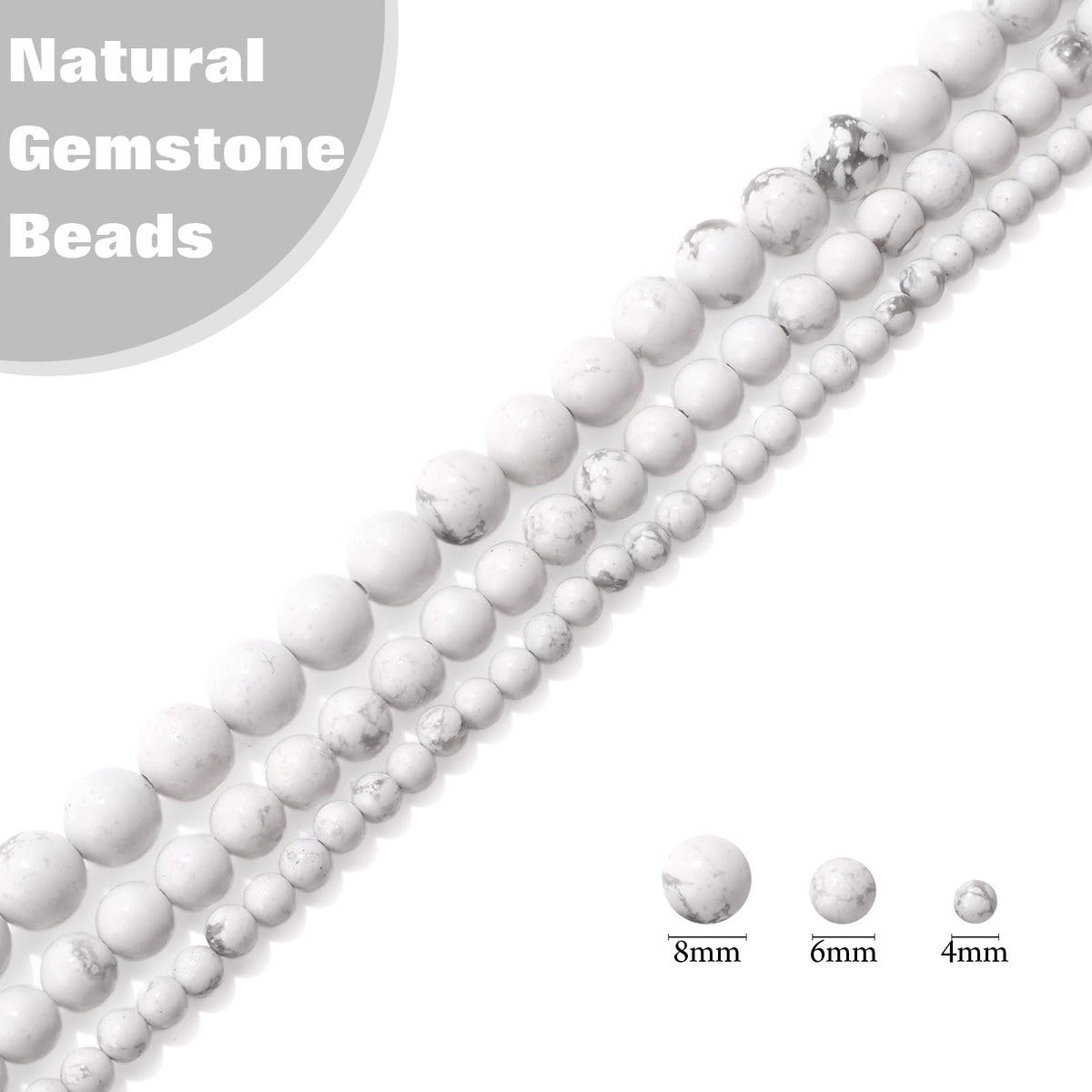 Vinswet 90pcs 4mm Howlite Natural Stone Beads Round Genuine Real Stone Beading Loose Gemstones DIY Smooth Bead for Bracelet Necklace Earrings Jewelry Making