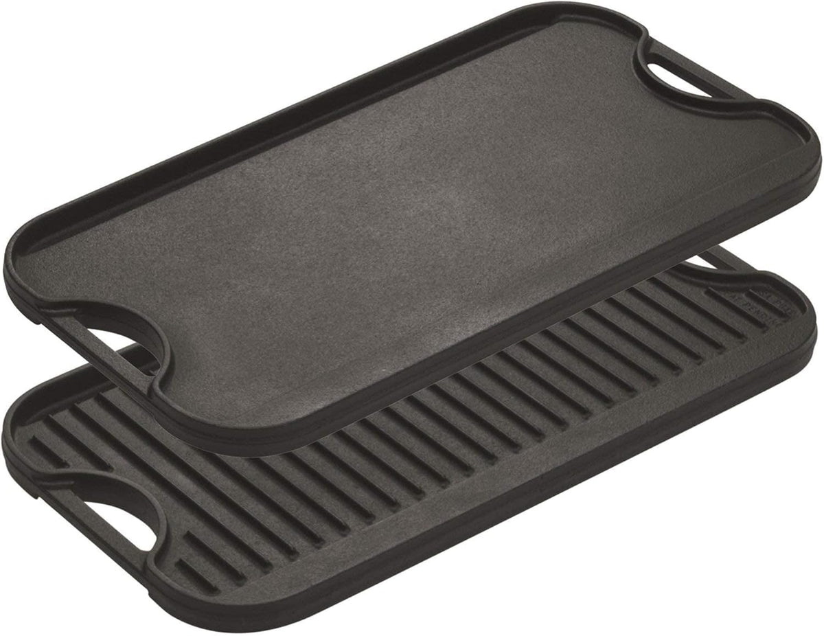 Lodge Pro-Grid Reversible Grill/Griddle - Dual-Sided Cast Iron Griddle - Double Burner Grill - Even Heat Distribution - PFAS-Free Non-Toxic Cookware - 20 Inches x 10.5 Inches