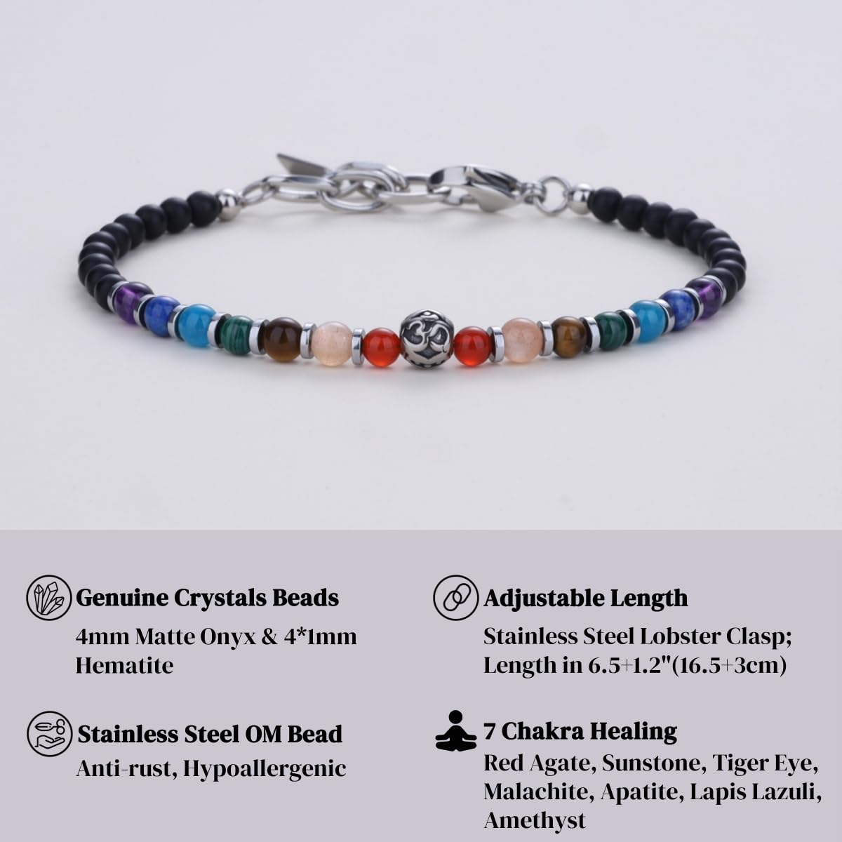 COAI 7 Chakra Bracelet for Women, OM Charm Hematite Onyx Beaded Bracelet for Women