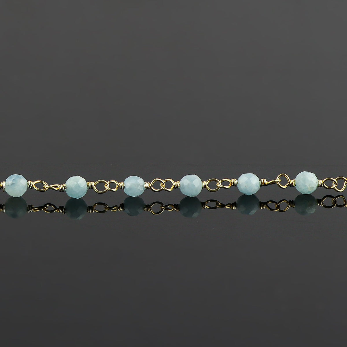 CRYSTALINES Natural Aquamarine Gemstone Rosary Chain Bracelet, 14K Gold Plated, Handmade Jewelry, Wire Wrapped Beads, March Birthstone, Adjustable Chain 8inch, Gift for Women