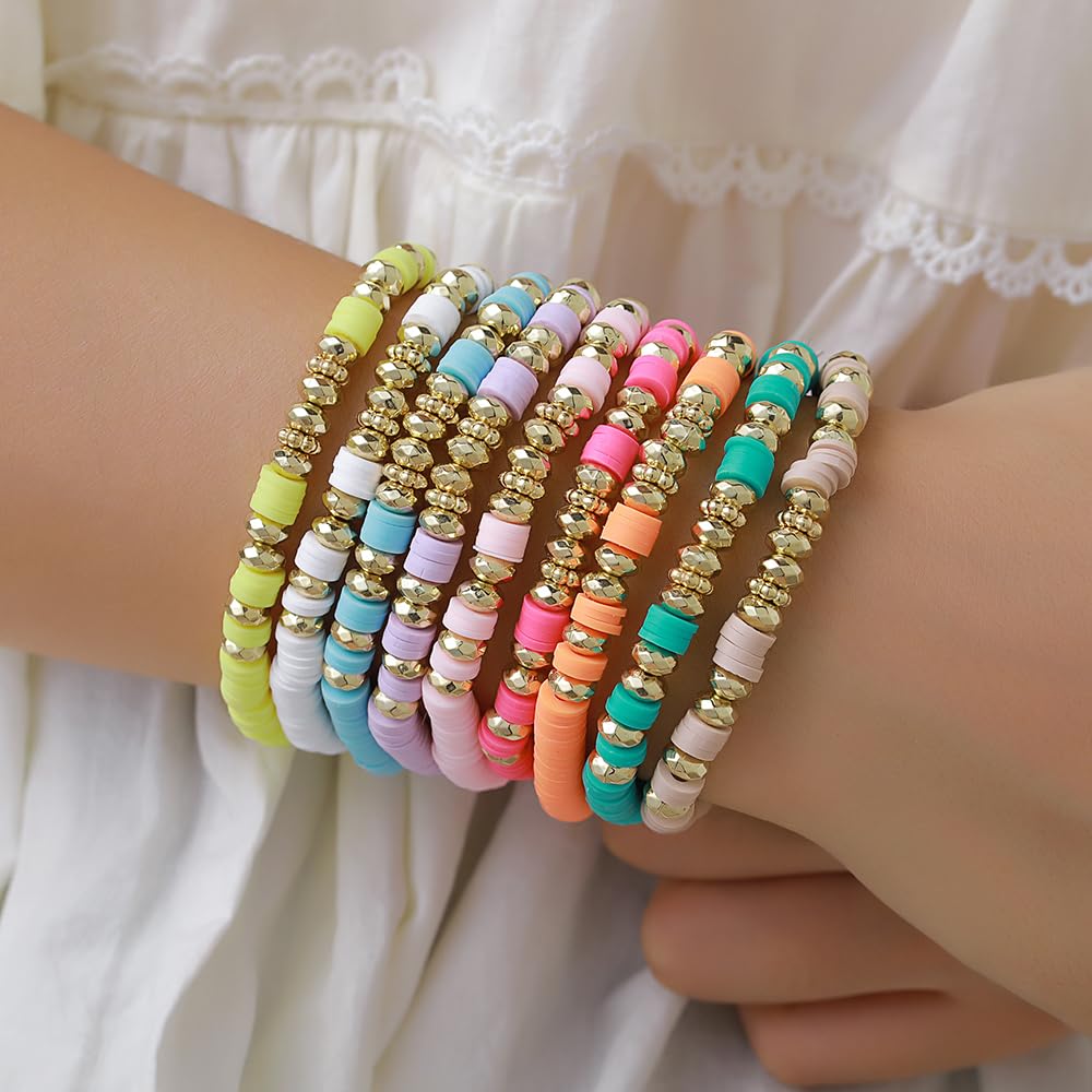 Behrooci Friendship Bracelets Boho Stackable Bracelets for Women Surfer Heishi Clay Bead Bracelet Stretch Preppy Bracelet (9pcs Colorful)
