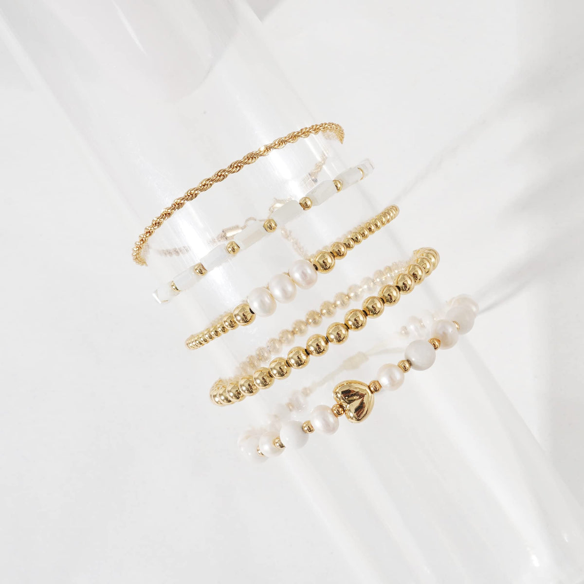 GOOJIDS Tiny Pearl Gold Plated Heart Beaded Bracelets For Women Dainty Gold Plated Pearls Stack Layered Beads Bracelet set for MAMA Birthday