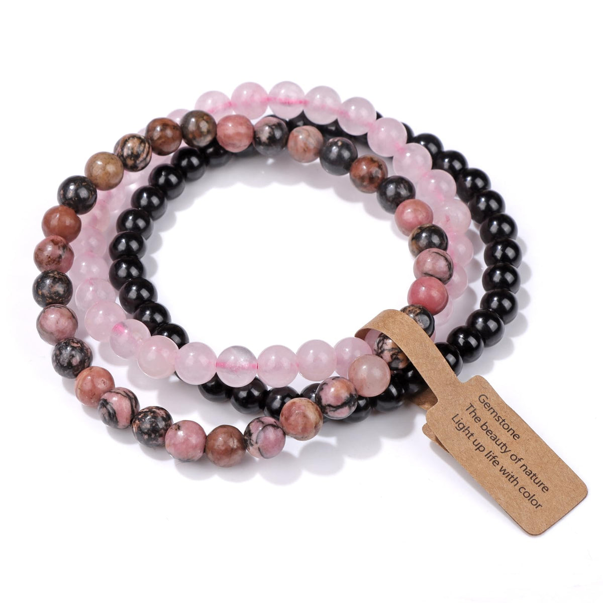 Risyfjew 3 PCS Healing Crystal Bracelets Women 6mm Natural Stone Beaded Stretch Bracelet Pink Zebra Jasper Jewelry Gifts